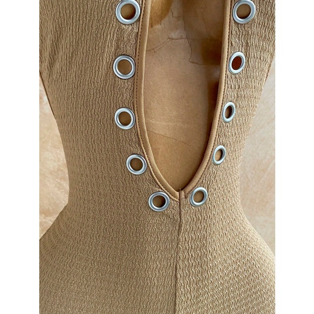 Halter Plunging V Neck Eyelets Design Fitted Romper