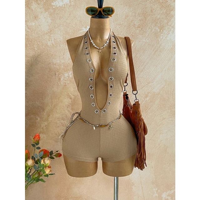 Halter Plunging V Neck Eyelets Design Fitted Romper