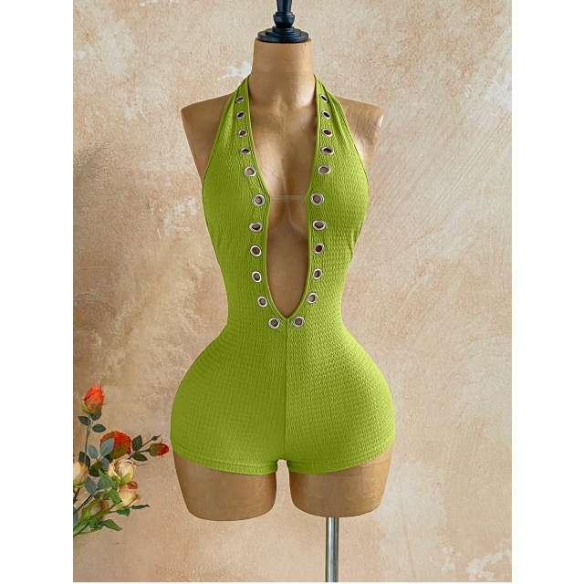 Halter Plunging V Neck Eyelets Design Fitted Romper
