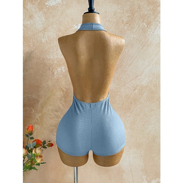 Halter Plunging V Neck Eyelets Design Fitted Romper