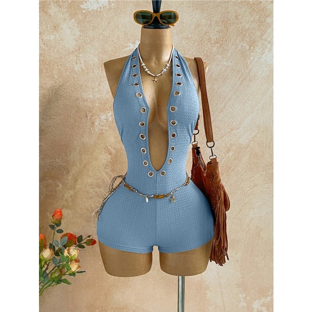 Halter Plunging V Neck Eyelets Design Fitted Romper