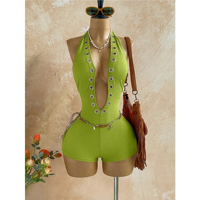 Halter Plunging V Neck Eyelets Design Fitted Romper
