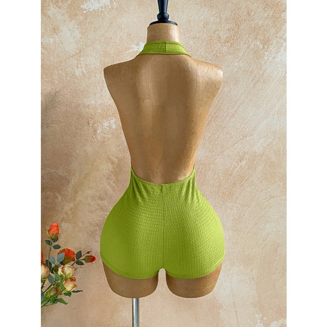 Halter Plunging V Neck Eyelets Design Fitted Romper