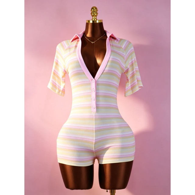 Striped Printed Deep V Neck Fitted Romper