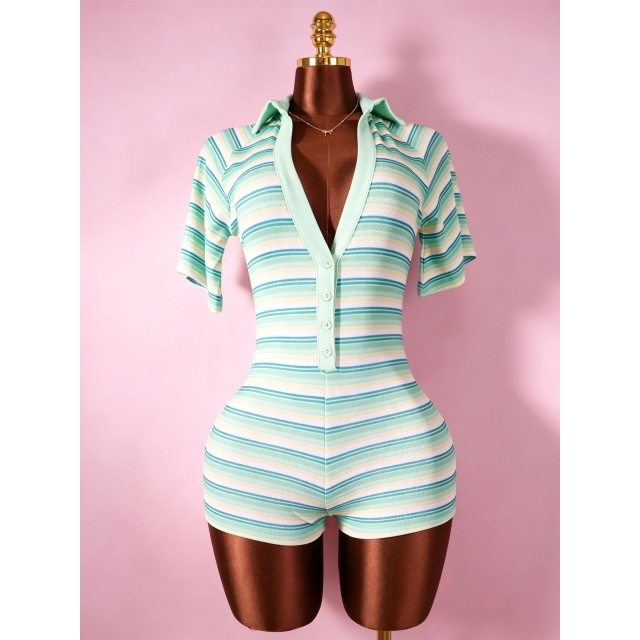 Striped Printed Deep V Neck Fitted Romper