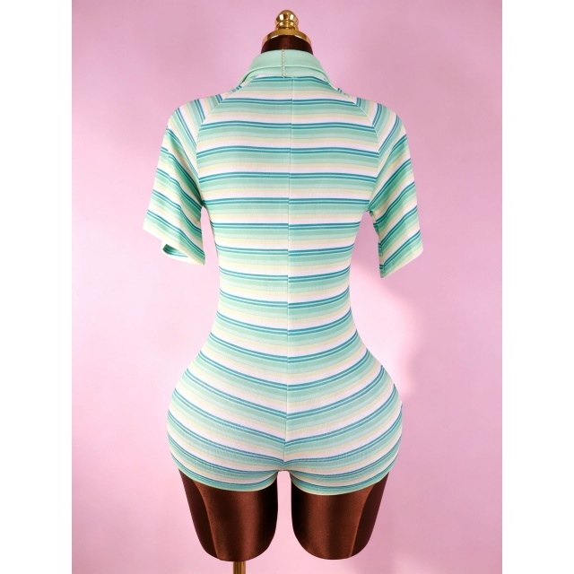 Striped Printed Deep V Neck Fitted Romper