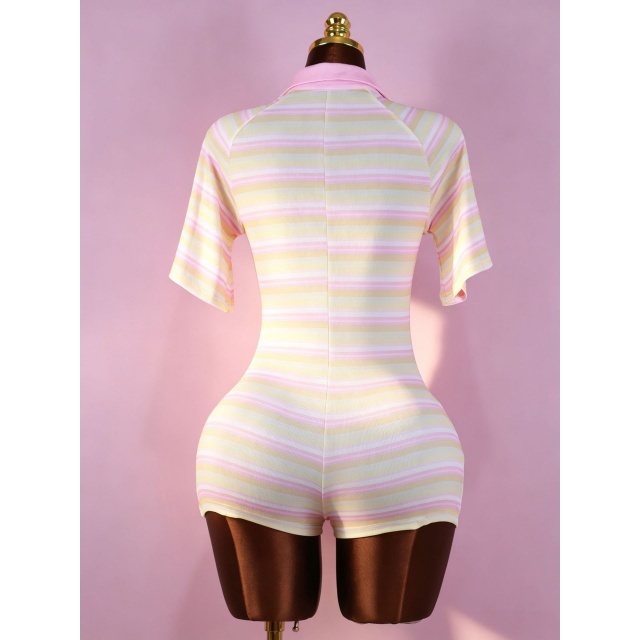 Striped Printed Deep V Neck Fitted Romper