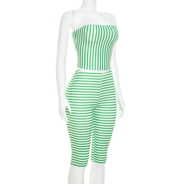Striped Printed Tube Top Fitted Midi Pant Set