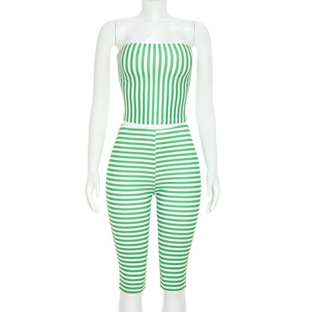 Striped Printed Tube Top Fitted Midi Pant Set