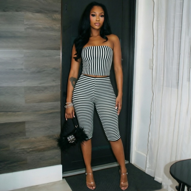 Striped Printed Tube Top Fitted Midi Pant Set
