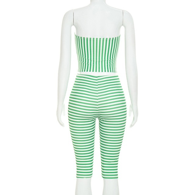 Striped Printed Tube Top Fitted Midi Pant Set