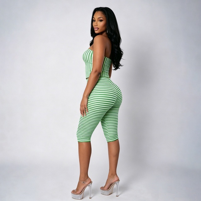 Striped Printed Tube Top Fitted Midi Pant Set