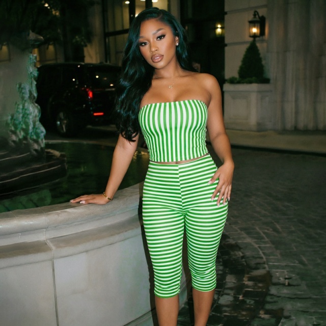 Striped Printed Tube Top Fitted Midi Pant Set