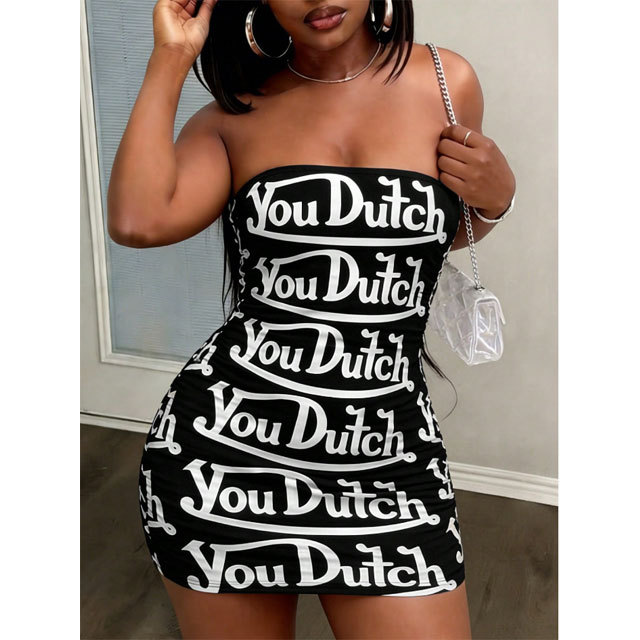 Letter Print Strapless Bodycon Dress