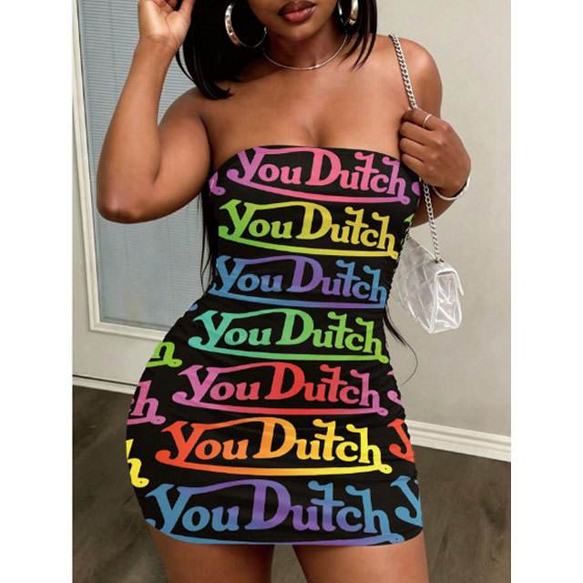 Letter Print Strapless Bodycon Dress