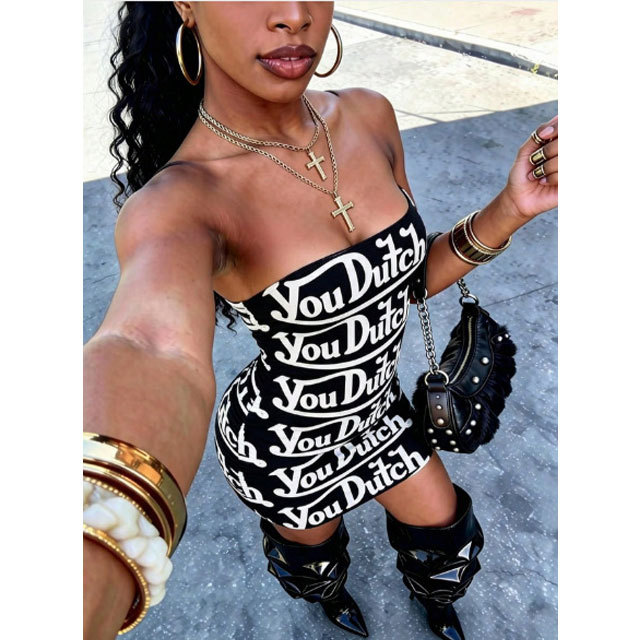 Letter Print Strapless Bodycon Dress