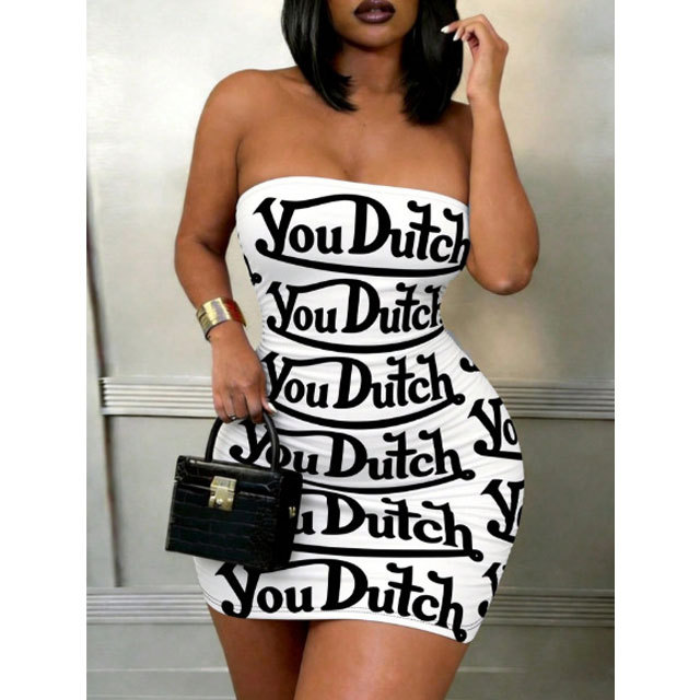 Letter Print Strapless Bodycon Dress