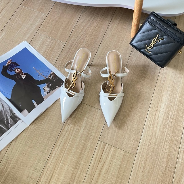 Metal Logo Leather Pointed Toe High Heeled Sandals