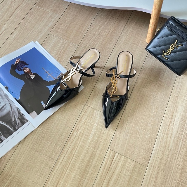 Metal Logo Leather Pointed Toe High Heeled Sandals