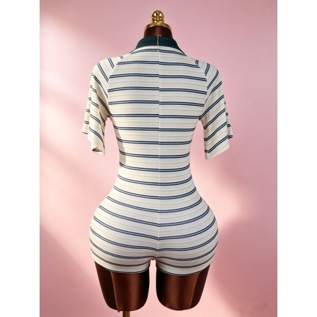 Striped Printed Deep V Neck Fitted Romper