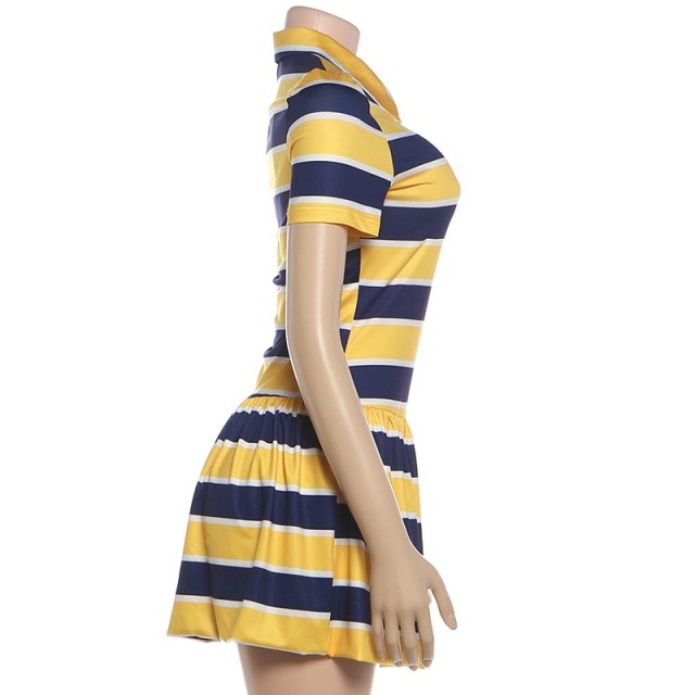 Retro Striped Collared Sporty Short-sleeve Dress