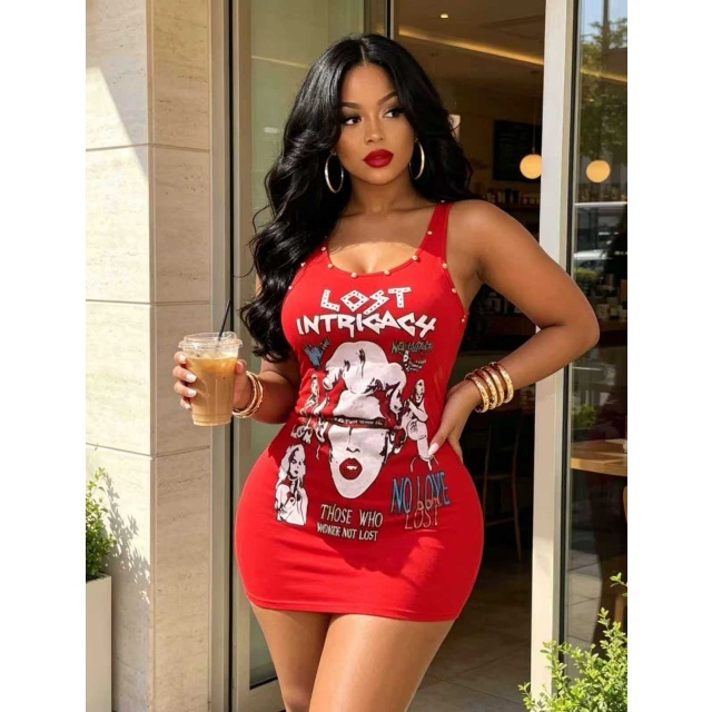 Streetwear Printed Sleeveless Bodycon Dress