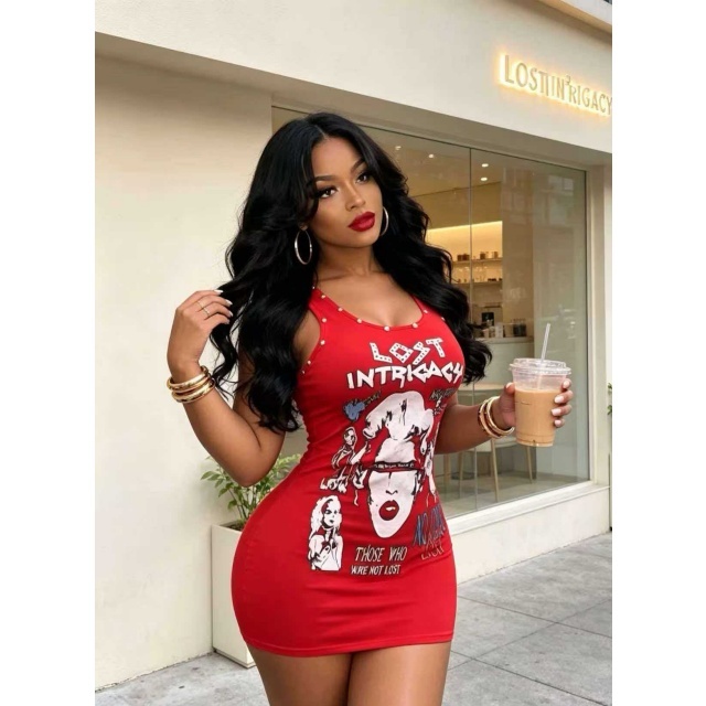 Streetwear Printed Sleeveless Bodycon Dress