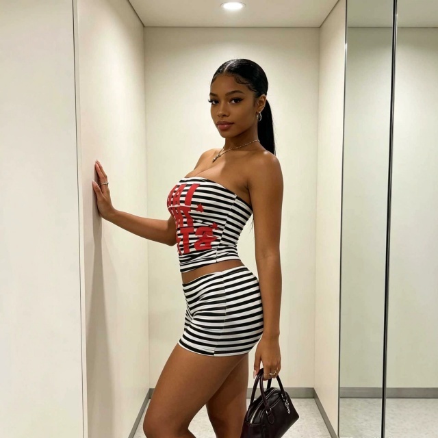 Striped Printed Tube Top Fitted Short Set