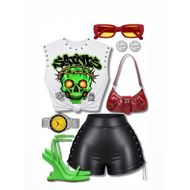 Green Skull Printed Top Lace-up Mini Short Set