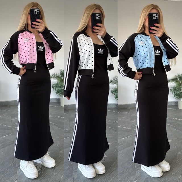 Polka Dots Jacket Top Cami Maxi Skirt Set