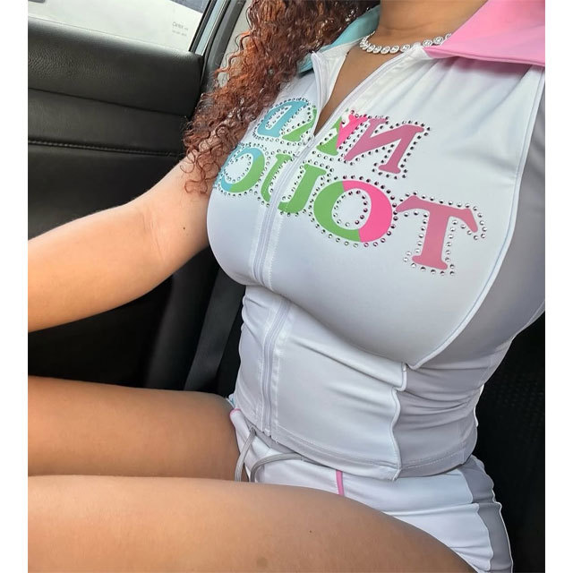 Rhinestones Color Block Casual Sport Short Set