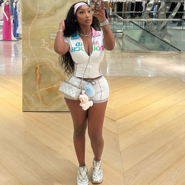 Rhinestones Color Block Casual Sport Short Set