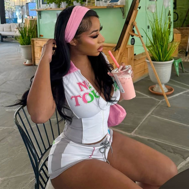 Rhinestones Color Block Casual Sport Short Set