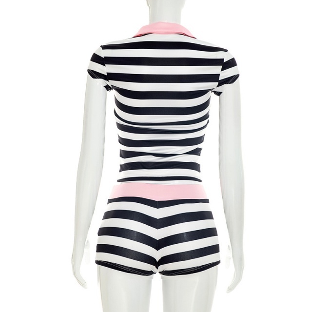 Color Block Striped Casual Two Pieces Short Set