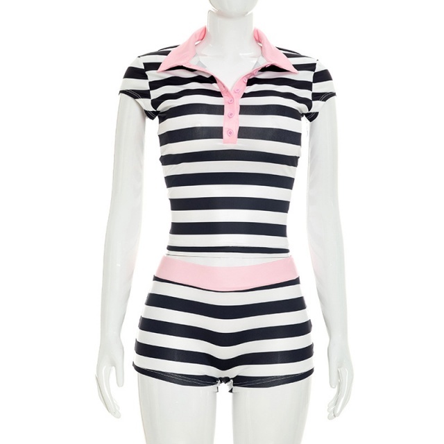 Color Block Striped Casual Two Pieces Short Set