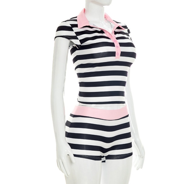 Color Block Striped Casual Two Pieces Short Set
