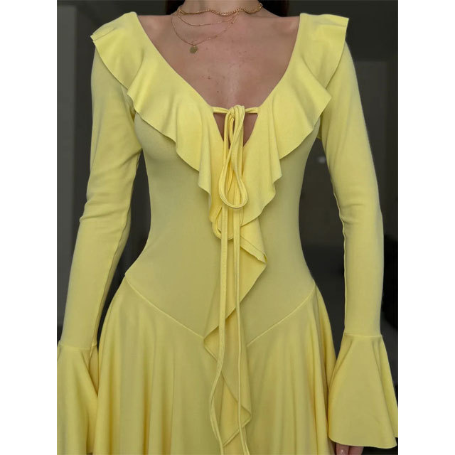 Solid Color Bell Sleeve Ruffle Dress