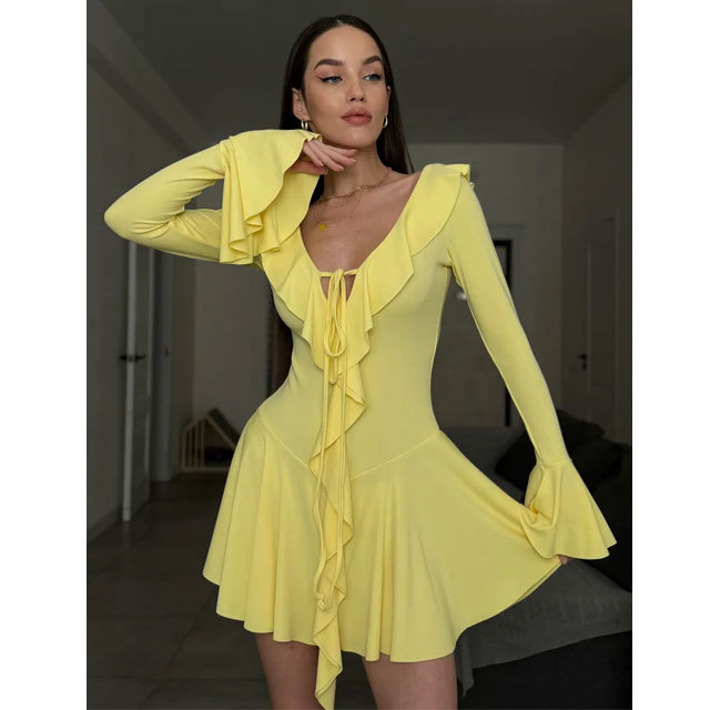 Solid Color Bell Sleeve Ruffle Dress