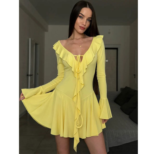 Solid Color Bell Sleeve Ruffle Dress