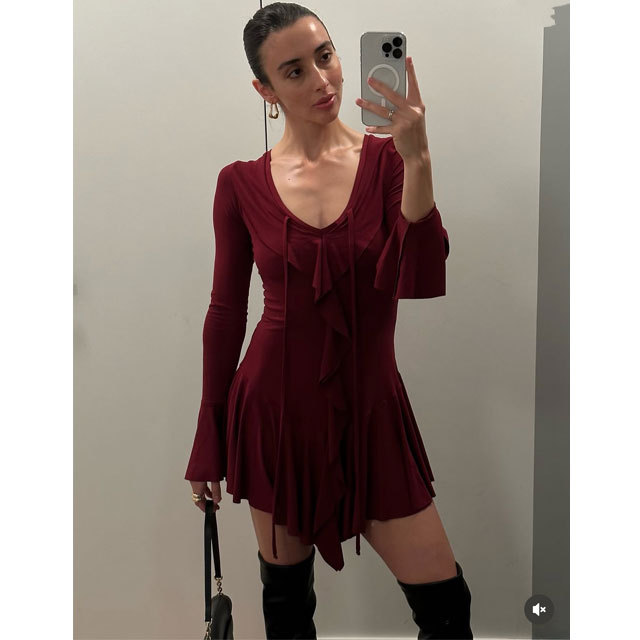 Solid Color Bell Sleeve Ruffle Dress