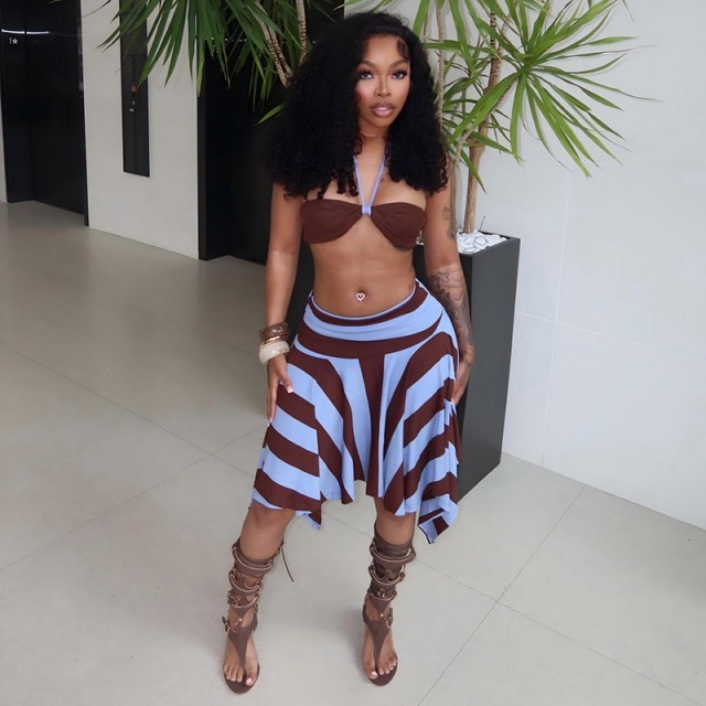 Vacation Style Halter Top Asymmetrical Skirt Set