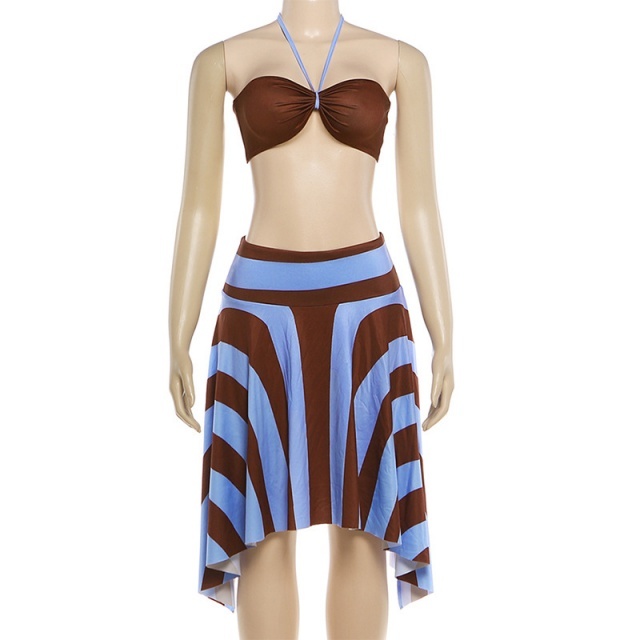 Vacation Style Halter Top Asymmetrical Skirt Set