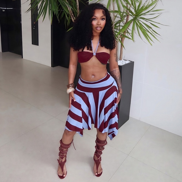 Vacation Style Halter Top Asymmetrical Skirt Set
