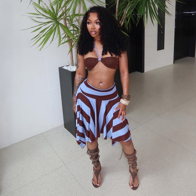 Vacation Style Halter Top Asymmetrical Skirt Set