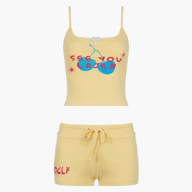 Letter Print Cami Top Fitted Short Set