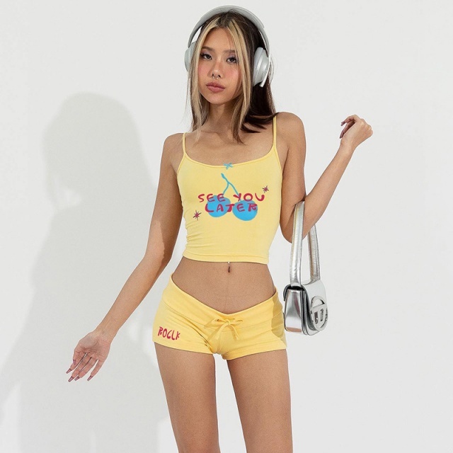 Letter Print Cami Top Fitted Short Set