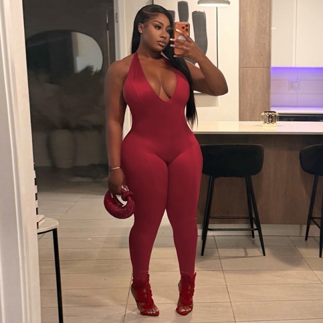 Halter V Neck Backless Skinny Jumpsuit