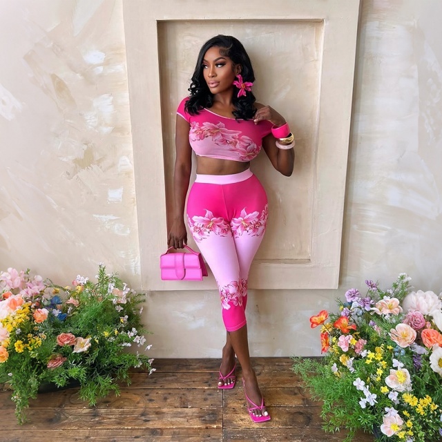Floral Print Fitted Midi Pants Set