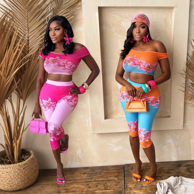 Floral Print Fitted Midi Pants Set