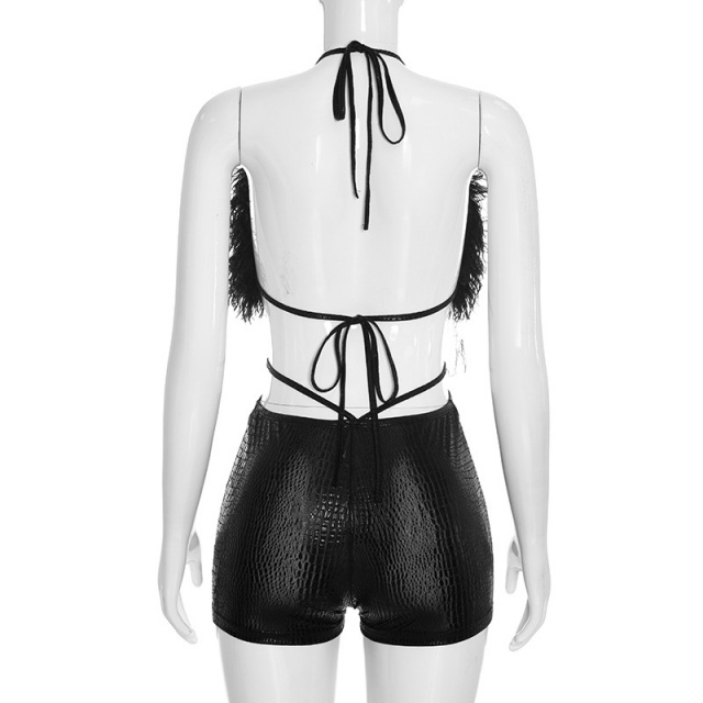 Fur-trimmed Halter Neck Hollow Out Romper